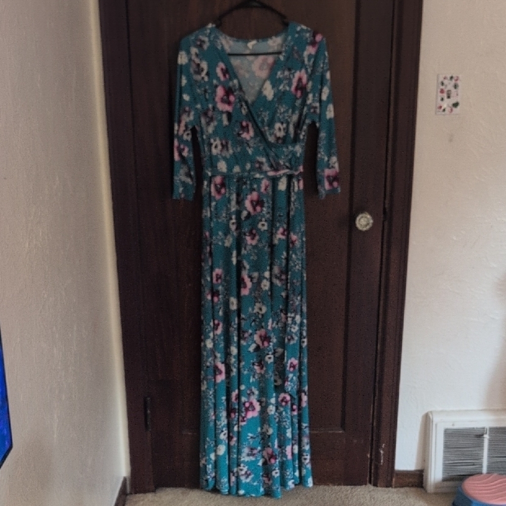 Pink Blush Blue Floral Short Sleeve Maxi Dress Size Large